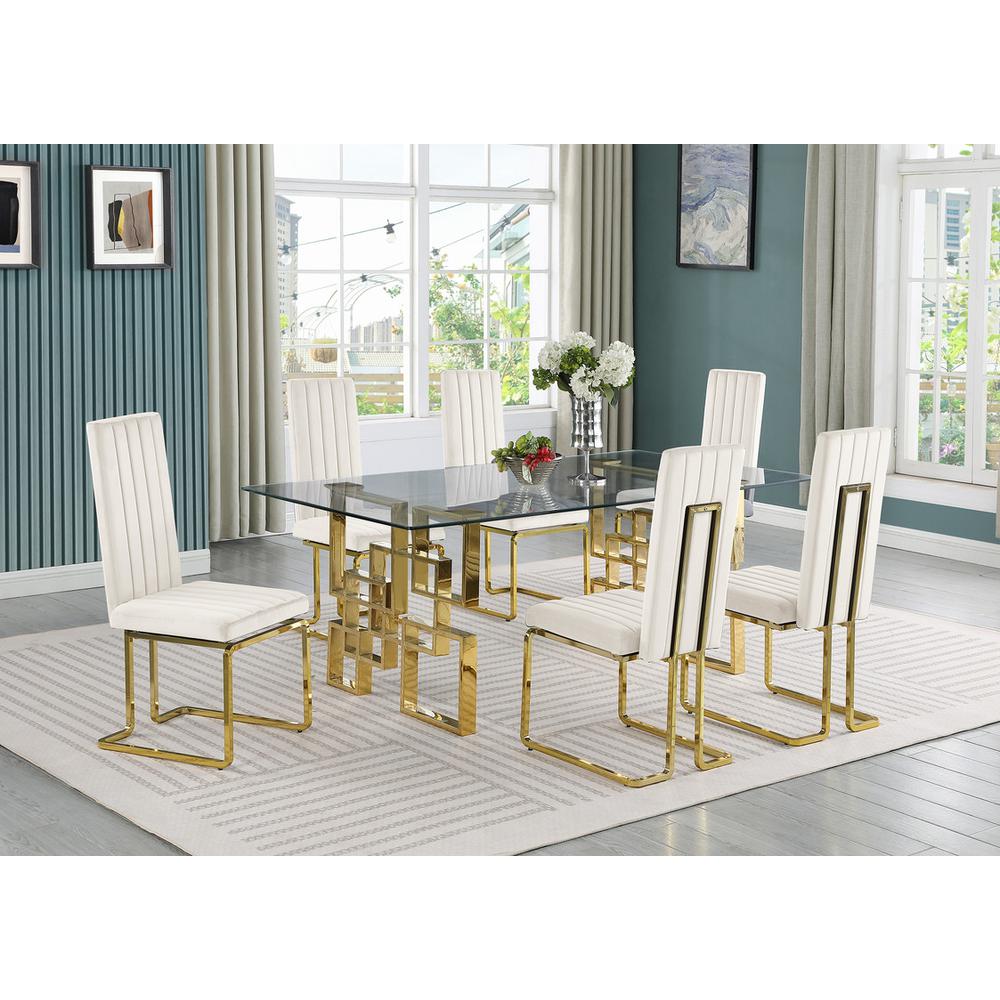 7-piece glam dining set with 6 Cream chairs and one 79" glass table