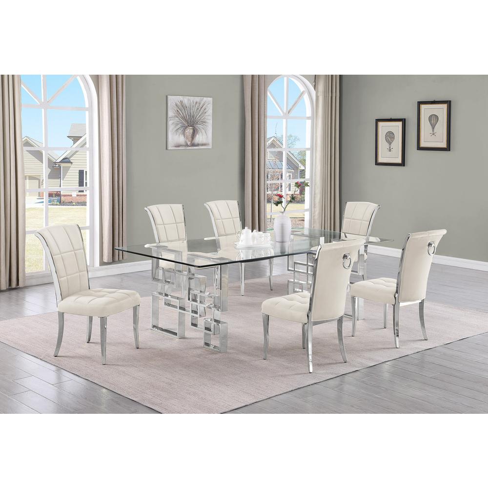 7-piece glam dining set with 6 cream chairs and a 95" long glass table