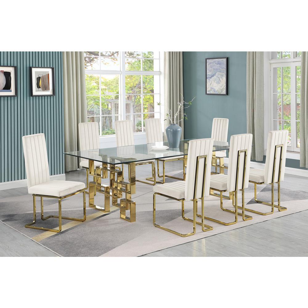 9-piece glam dining set with 8 Cream chairs and one 95" glass table