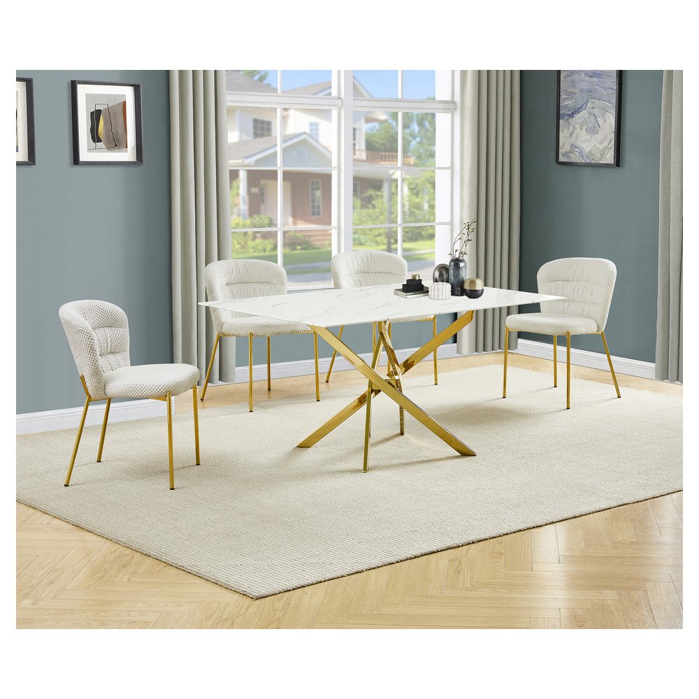 Rectangle Tempered Glass Dining Table With 4 Cream Side Chairs