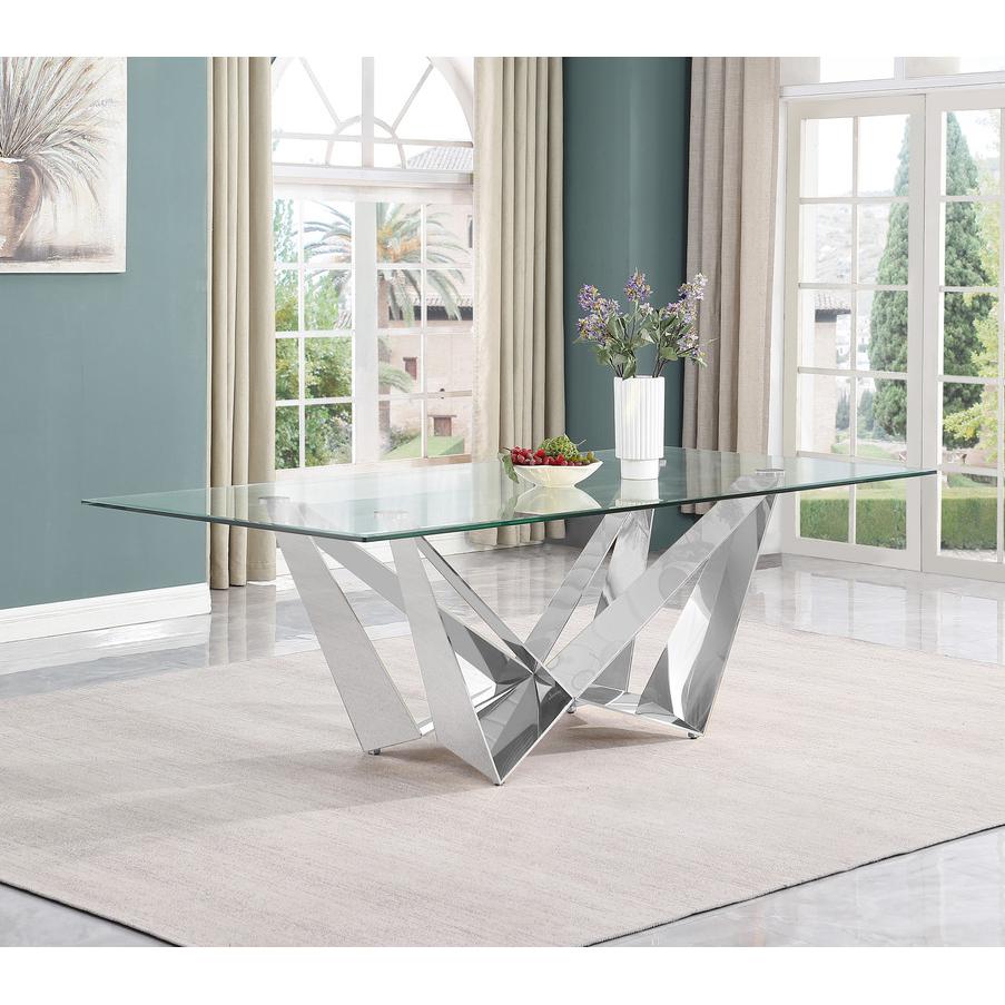 Large 94" Rectangular glass dining table with a silver stainless steel base