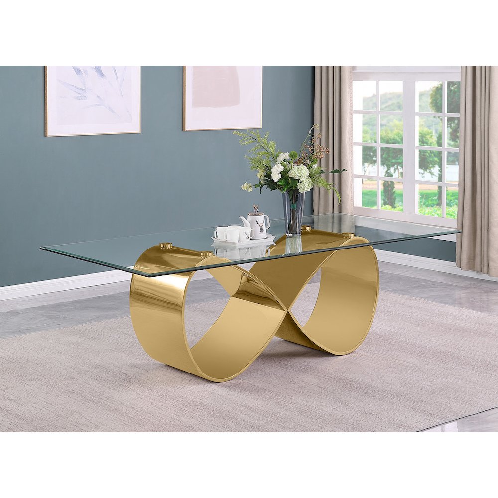 94X46 Tempered Glass Dining Table With An Infinity Gold Stainless Steel Base