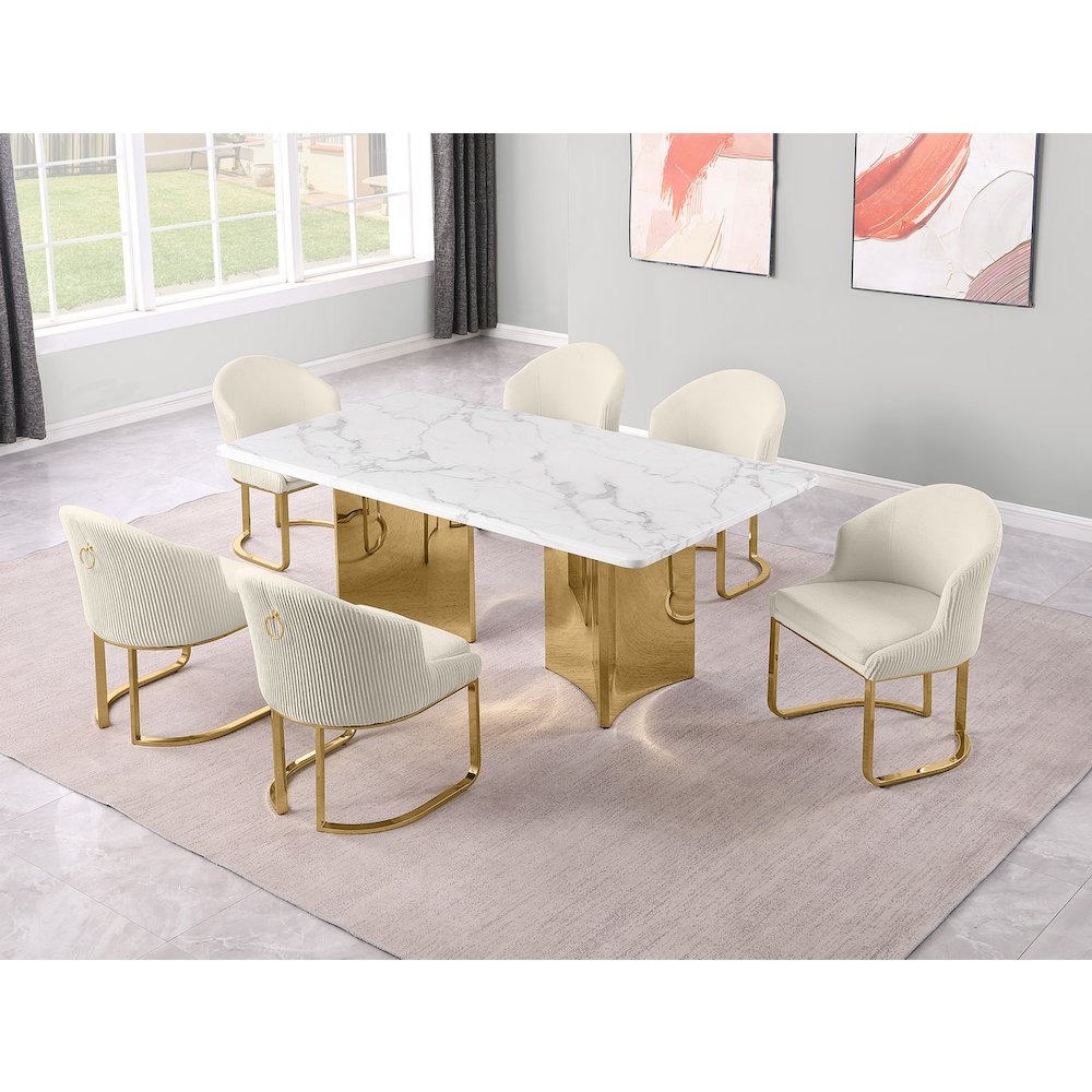 7pc Rectangular Dining Table Gold Base Set with White Marble Top and Chairs