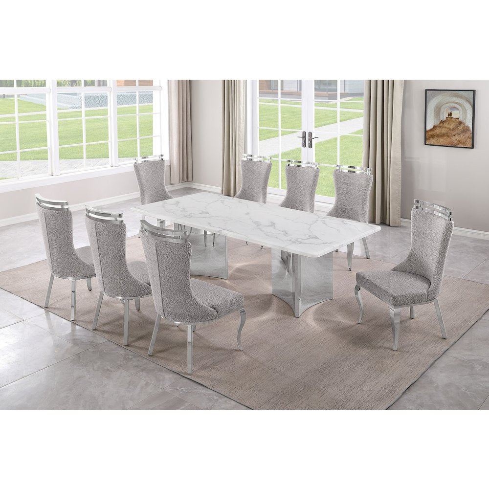 9pc Rectangular Dining Table Set with White Marble Top and Rich Gray Chairs