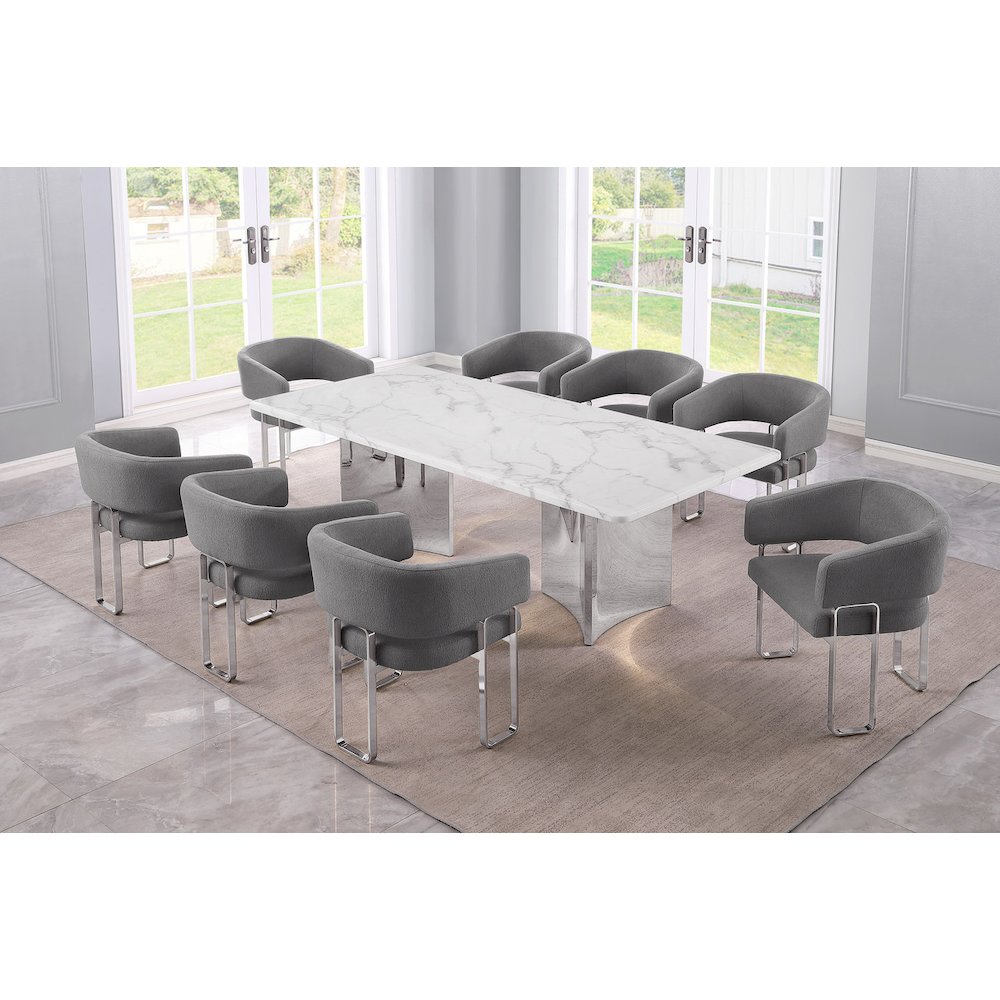 9pc Rectangular Dining Table Set with White Marble Top and Dark Gray Chairs