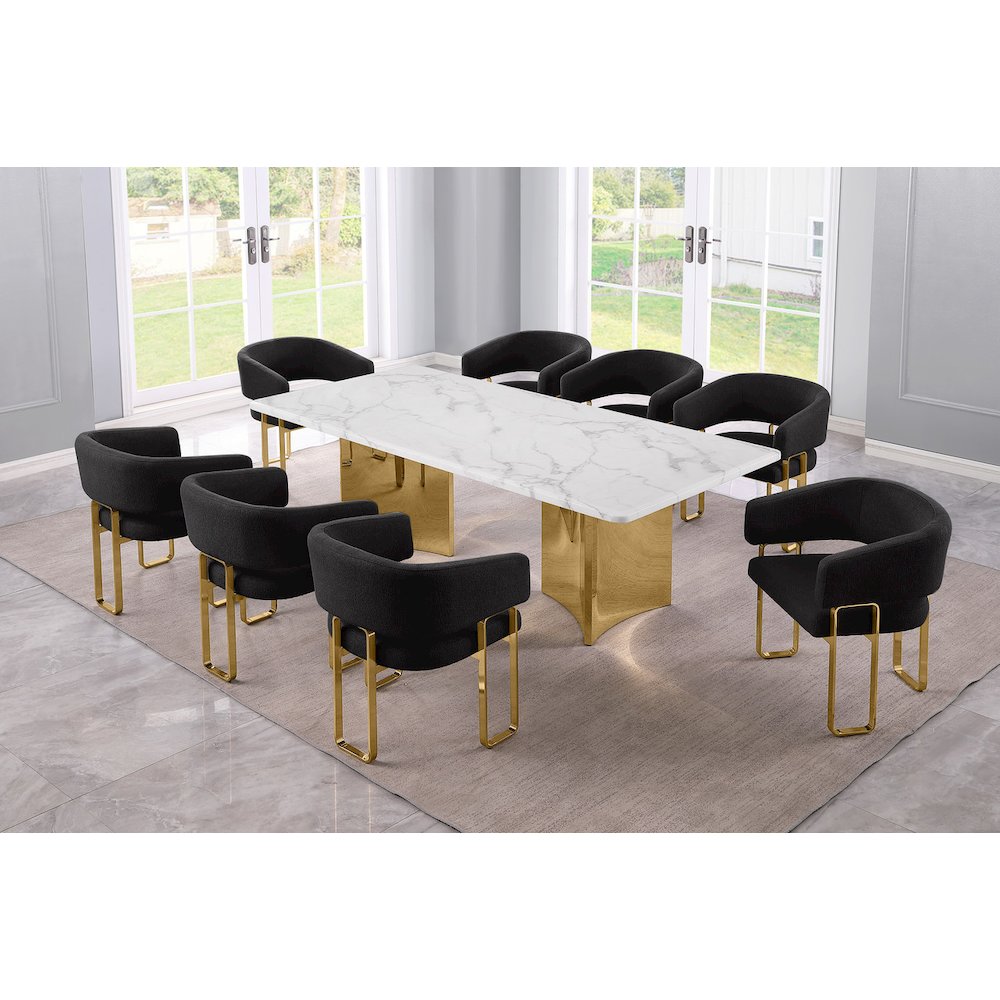 9pc Rectangular Dining Table Set with White Marble Top and Black Chairs