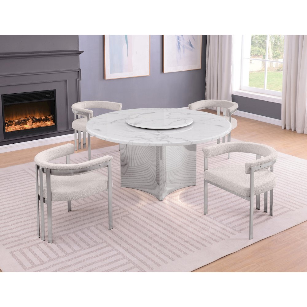 5pc Circle Marble Top With Lazy Susan and 4 Cream Chairs