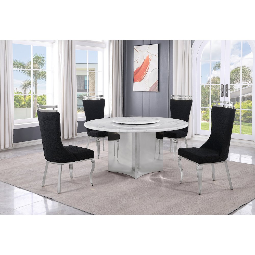 5pc Circle Marble Top With Lazy Susan and 4 Black with Silver Chairs