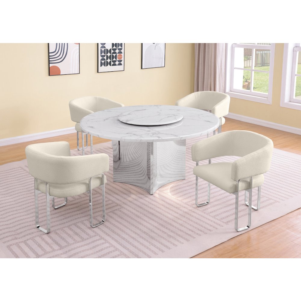 5pc Circle Marble Top With Lazy Susan and 4 Cream Tri-Leg Desing Base