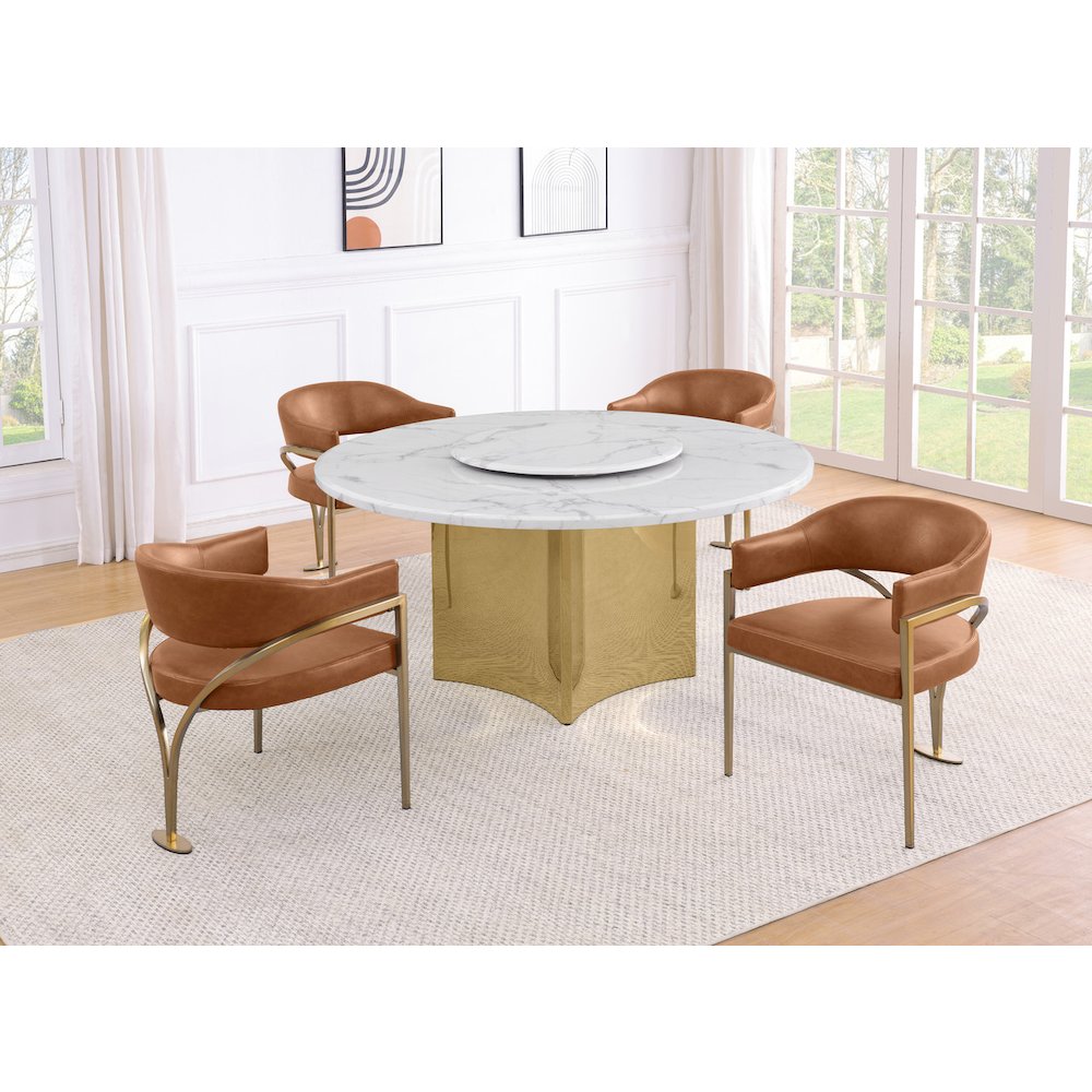 5pc Circle Marble Top Gold Base With Lazy Susan and 4 Toffee Chairs