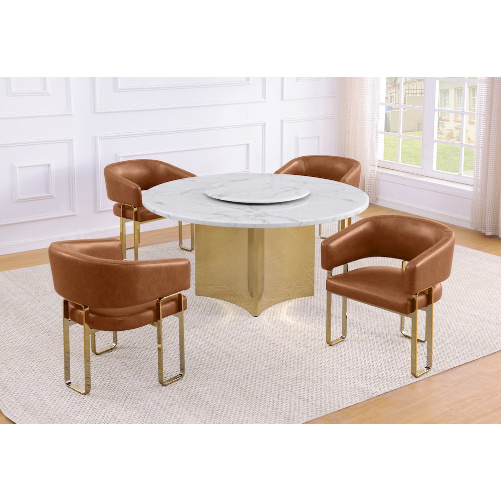 5pc Circle Marble Top With Lazy Susan and 4 Toffee Leatheraire Tri-Leg Chair