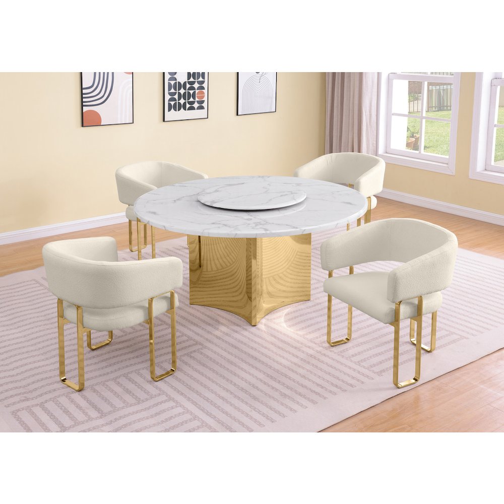 5pc Circle Marble Top With Lazy Susan and 4 Cream Tri-Leg Desing Gold Base