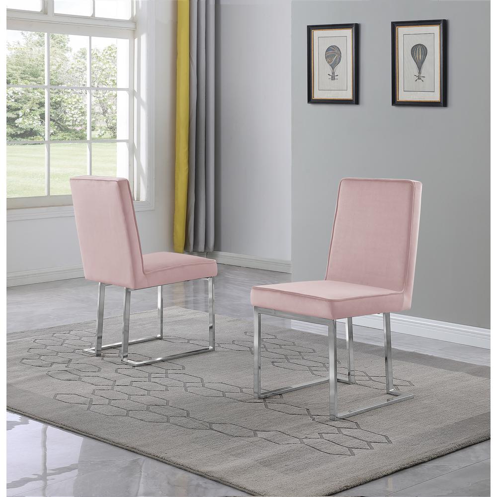 Pink Velvet Upholstered Dining Side Chairs, Chrome Base, Set of 2