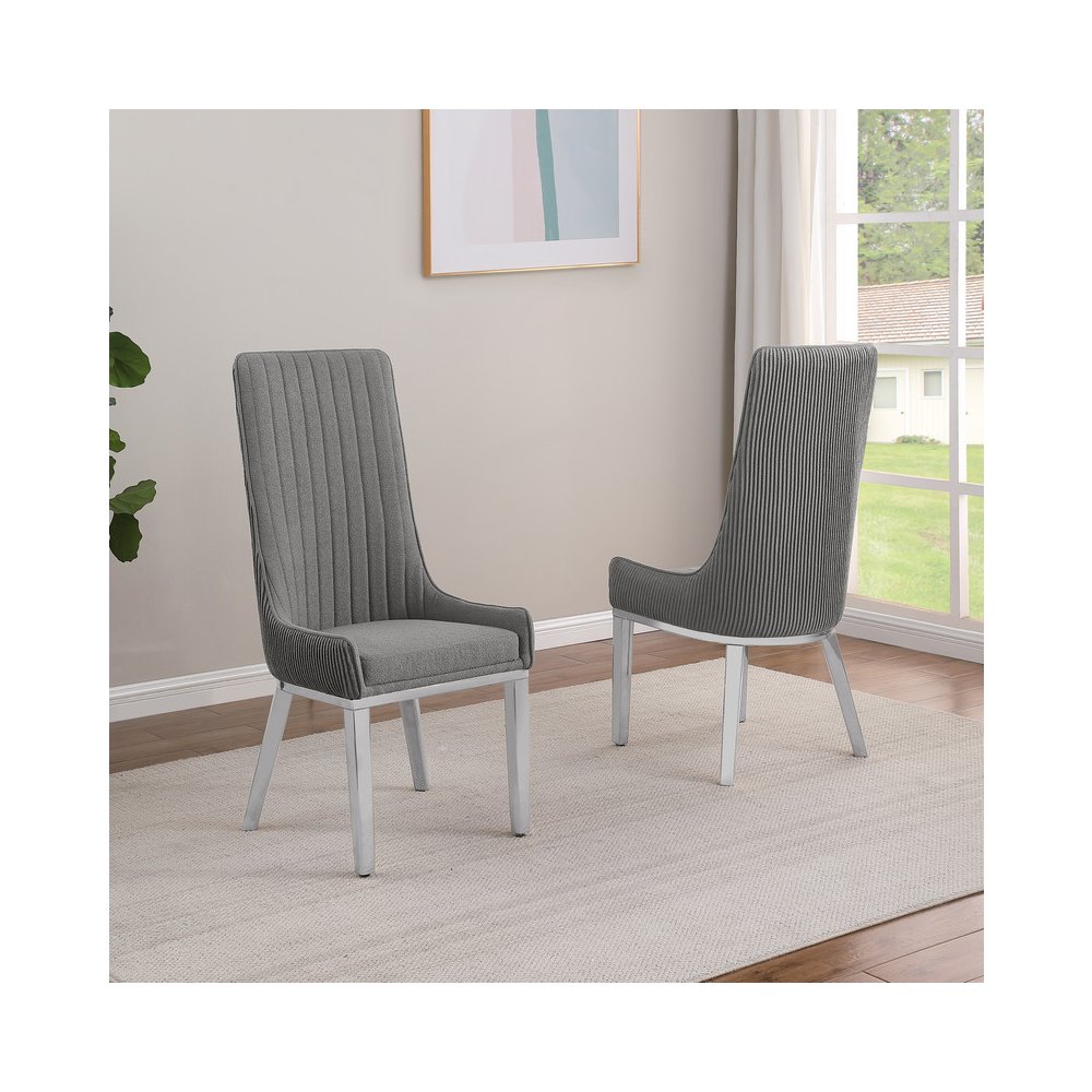Dark Gray, Teddy Fabric, Pleated Back Side Chair With Silver Base, Set Of Two