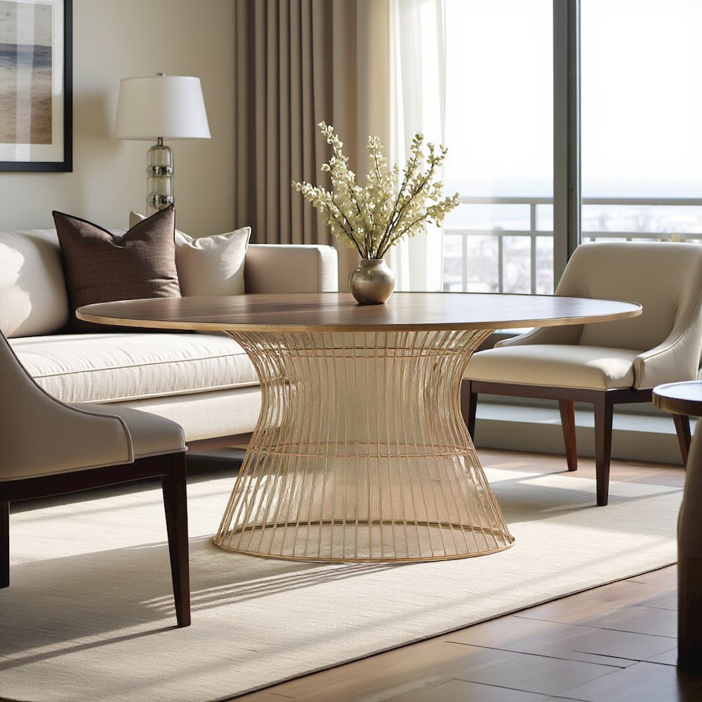 Brown Round Dining Table with Solid Metal Frame for Kitchen or Dining