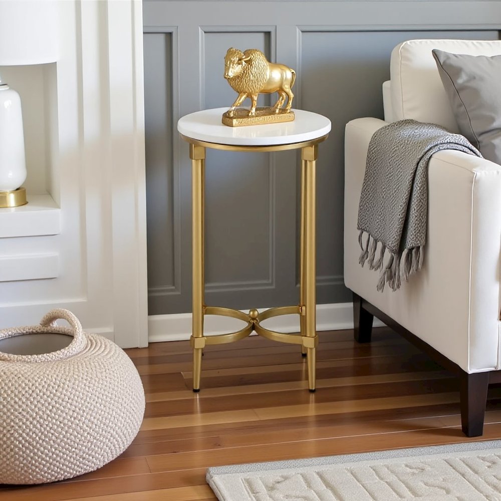 White Marble End Table with Metal Legs – Small Side Table for Living Room