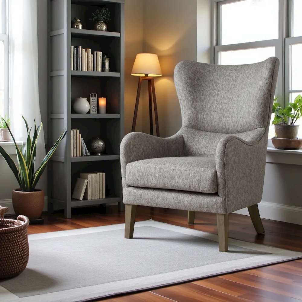 Gray Wingback Chair with Birch Wood Legs – Elegant Living Room Recliner