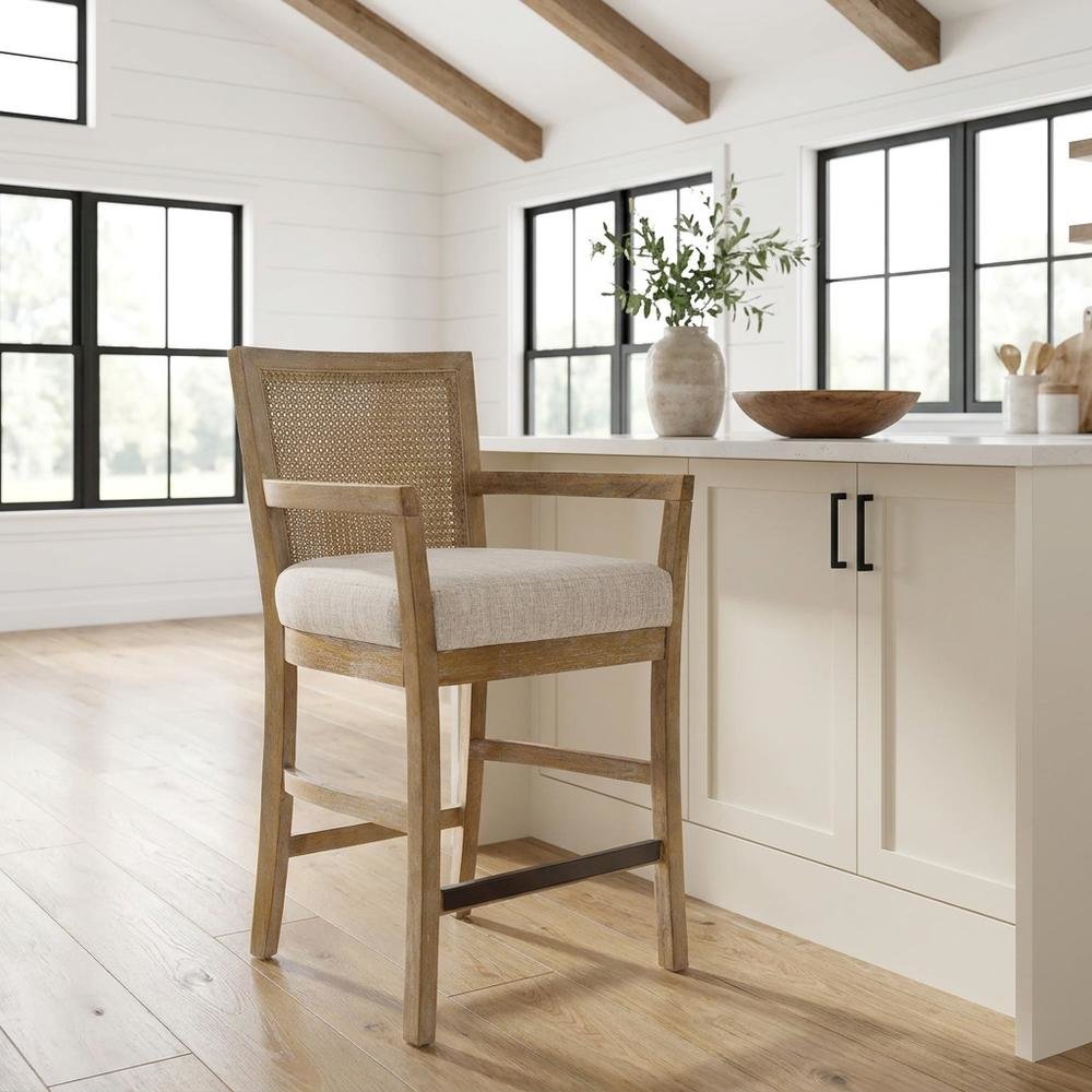 Solid Wood Frame Cane Back Counter Stool with Woven Detail