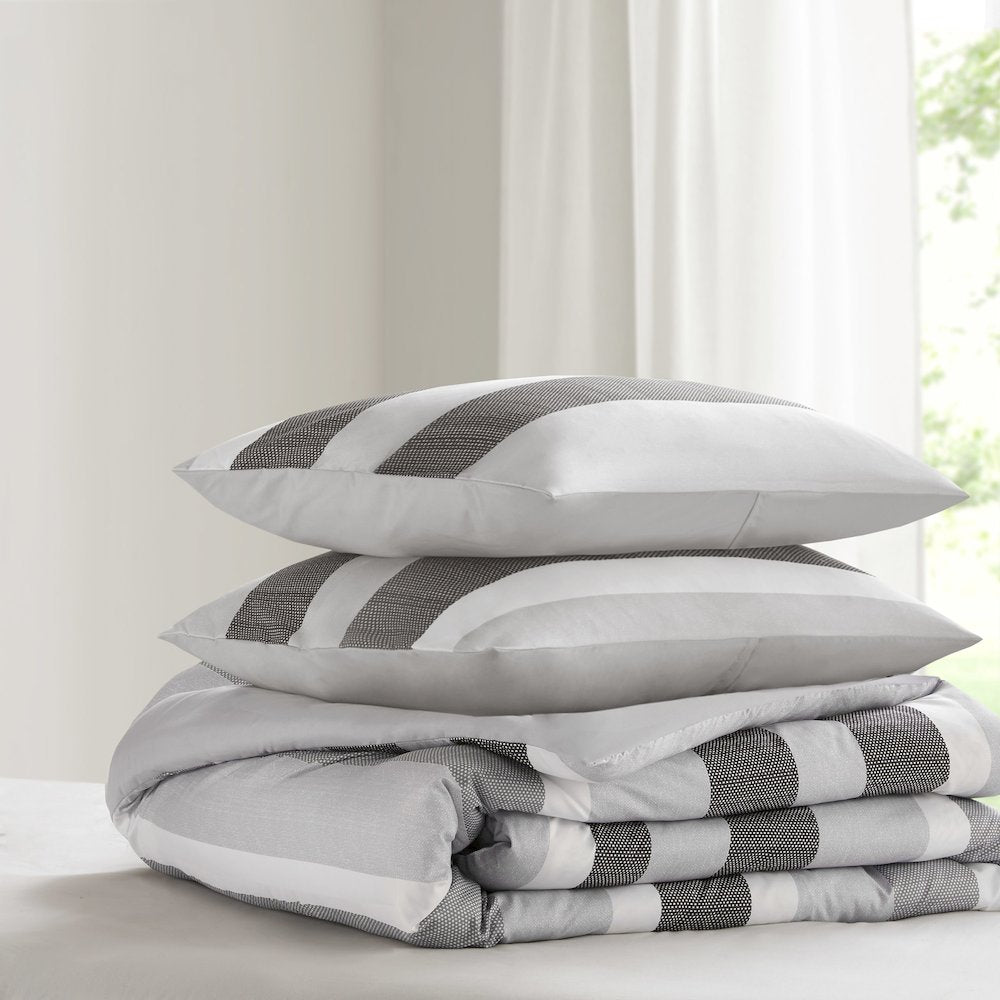 Blake Stripe Textured Print Comforter Set, Black/Grey color