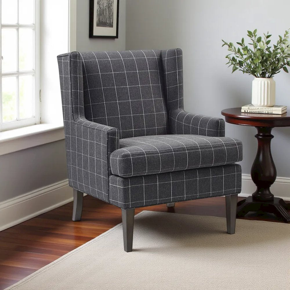 Elegant Gray & White Windowpane Accent Chair with Upholstered Seat – Ideal for Any Room