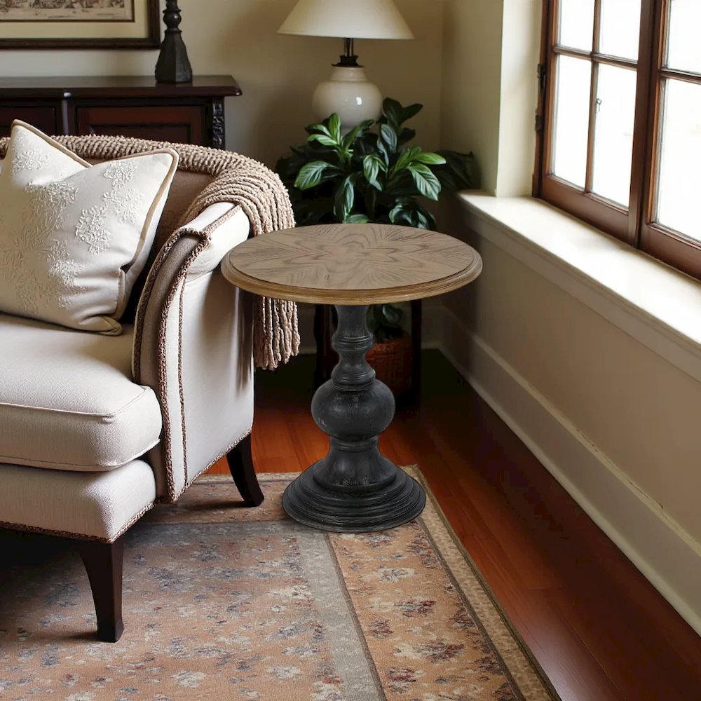 Elegant Round Side Table – Brown Wooden Pedestal Accent Table