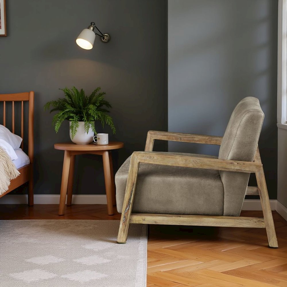 Brown Upholstered Accent Chair with Reclaimed Wood Frame for Living Room