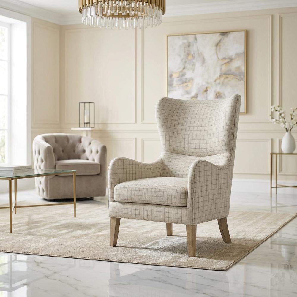 Beige Wing Chair with Stylish Design and Comfortable Upholstery