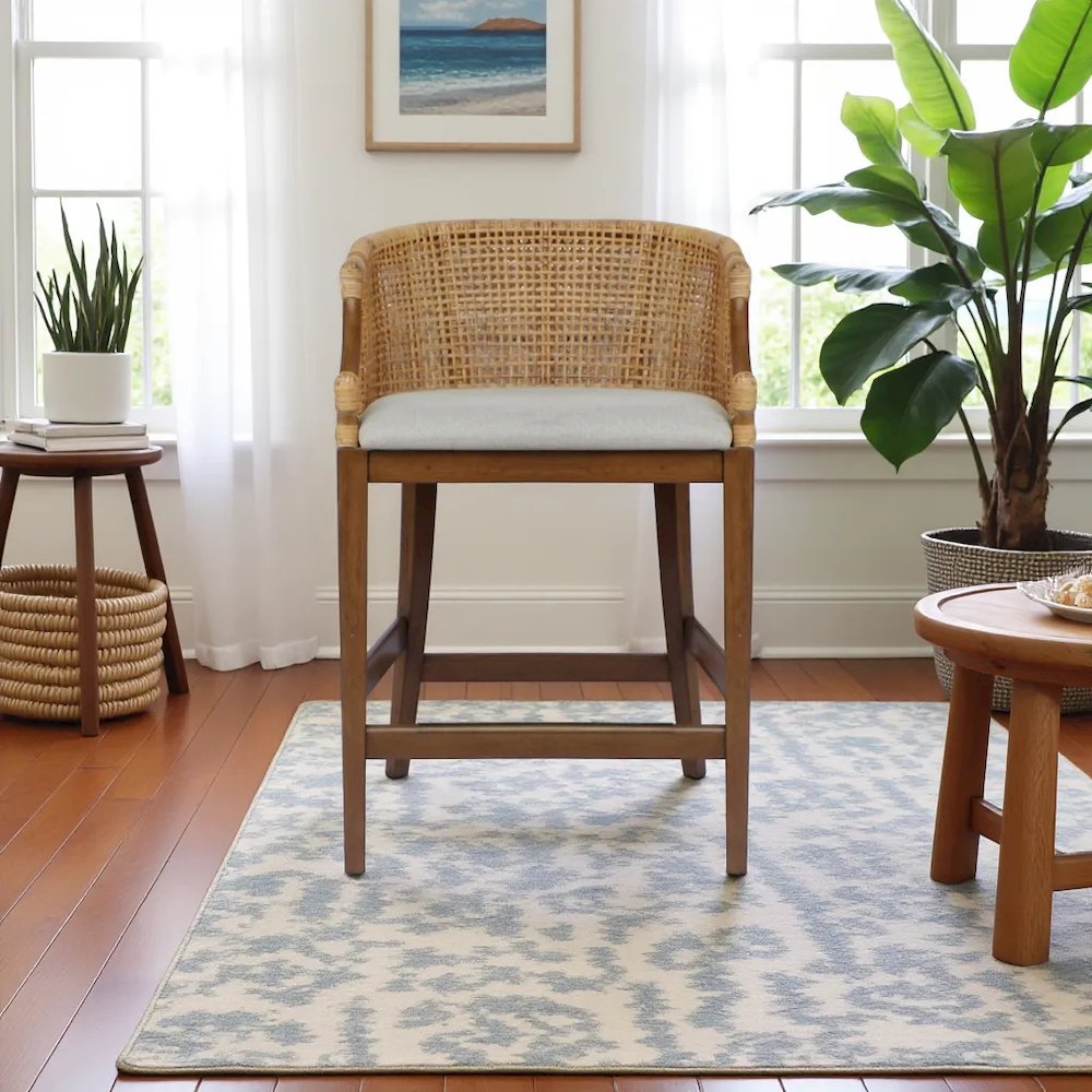 Handcrafted Brown Counter Stool with Solid Wood Frame for Kitchen