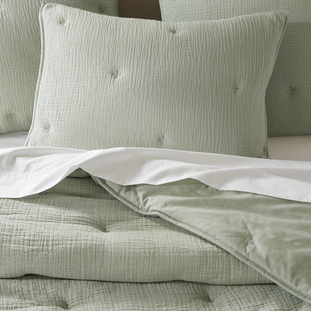 Breeze Cotton Gauze Embroidered Quilt Set, Sage color