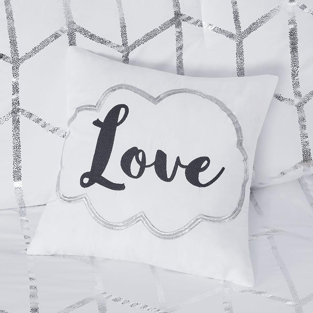 White and Silver Metallic Printed Comforter Set, Belen Kox