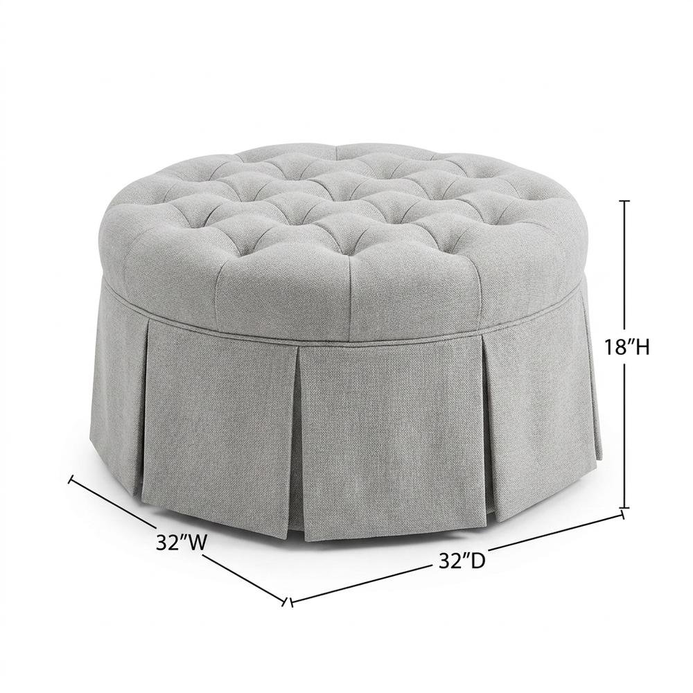 Light Blue Tufted Round Ottoman, Skirted Seat for Bedroom