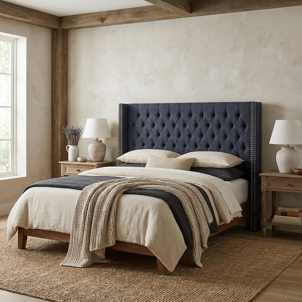 Blue Upholstered Headboard with Plywood Frame and Metal Legs for Bedroom