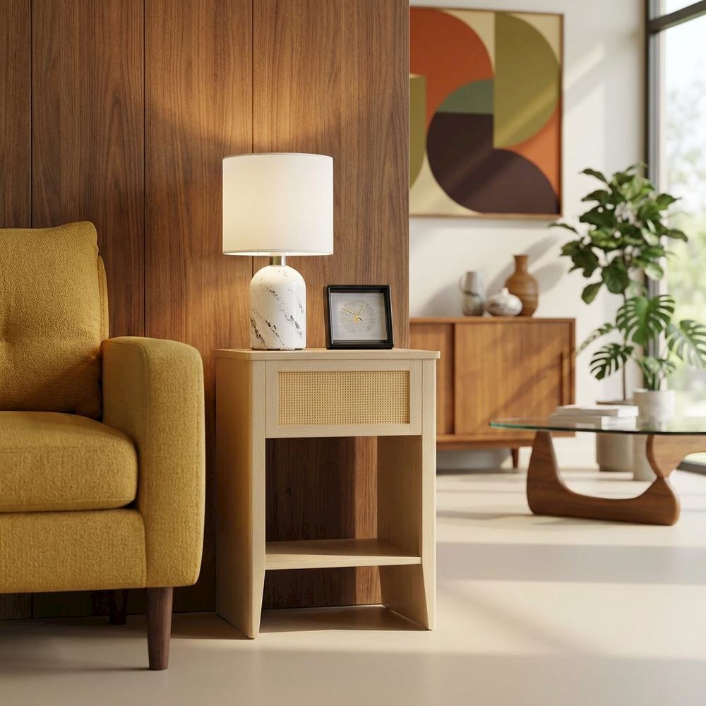 Rattan Accent Side Table with Drawer Storage and Open Shelf