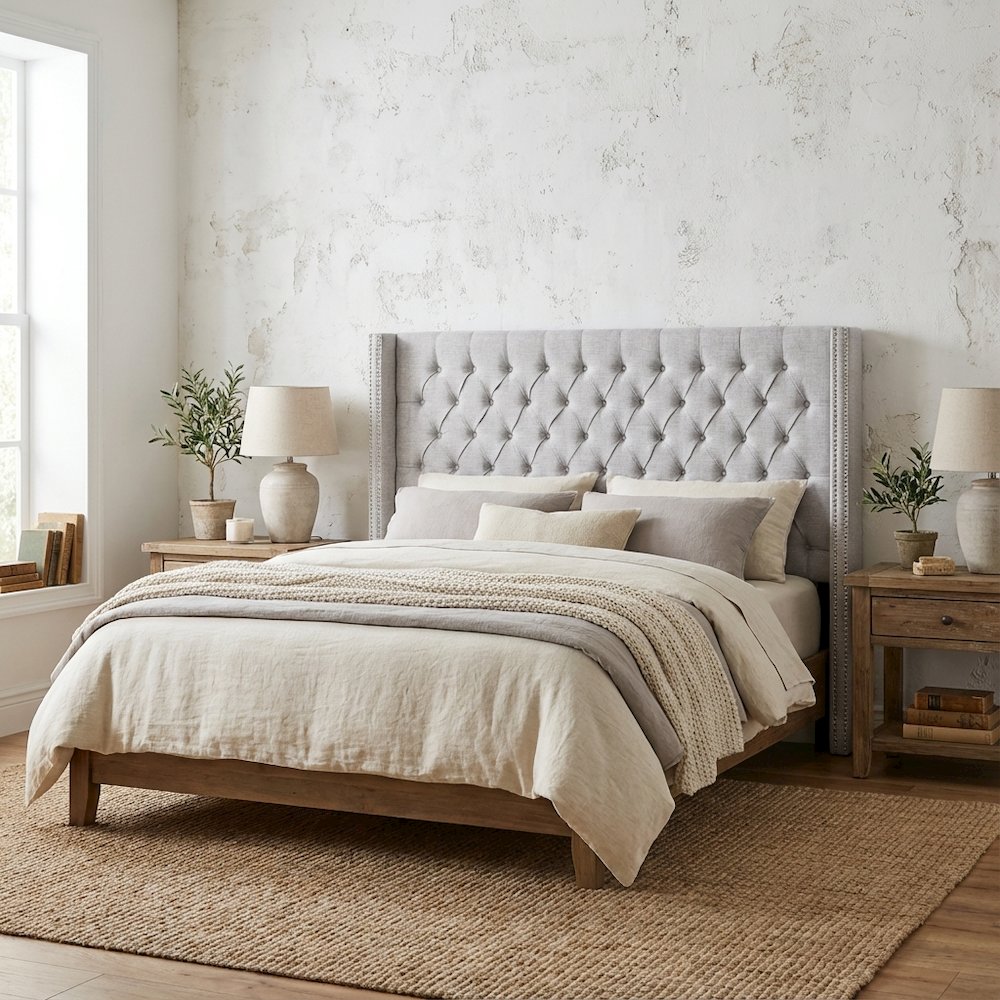 Gray Upholstery Headboard with Plywood Frame and Metal Legs for Bedroom
