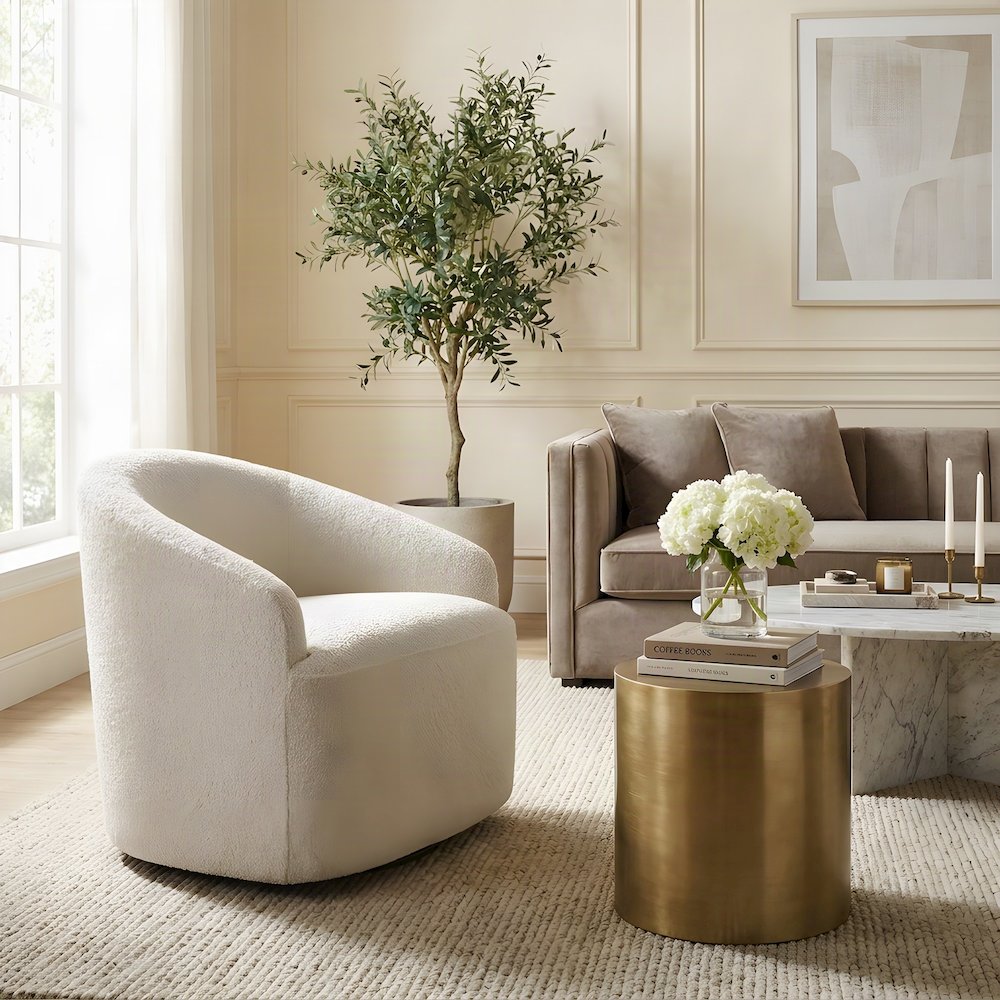Upholstered Swivel Accent Chair with Solid Wood Frame, 360-Degree, Cream