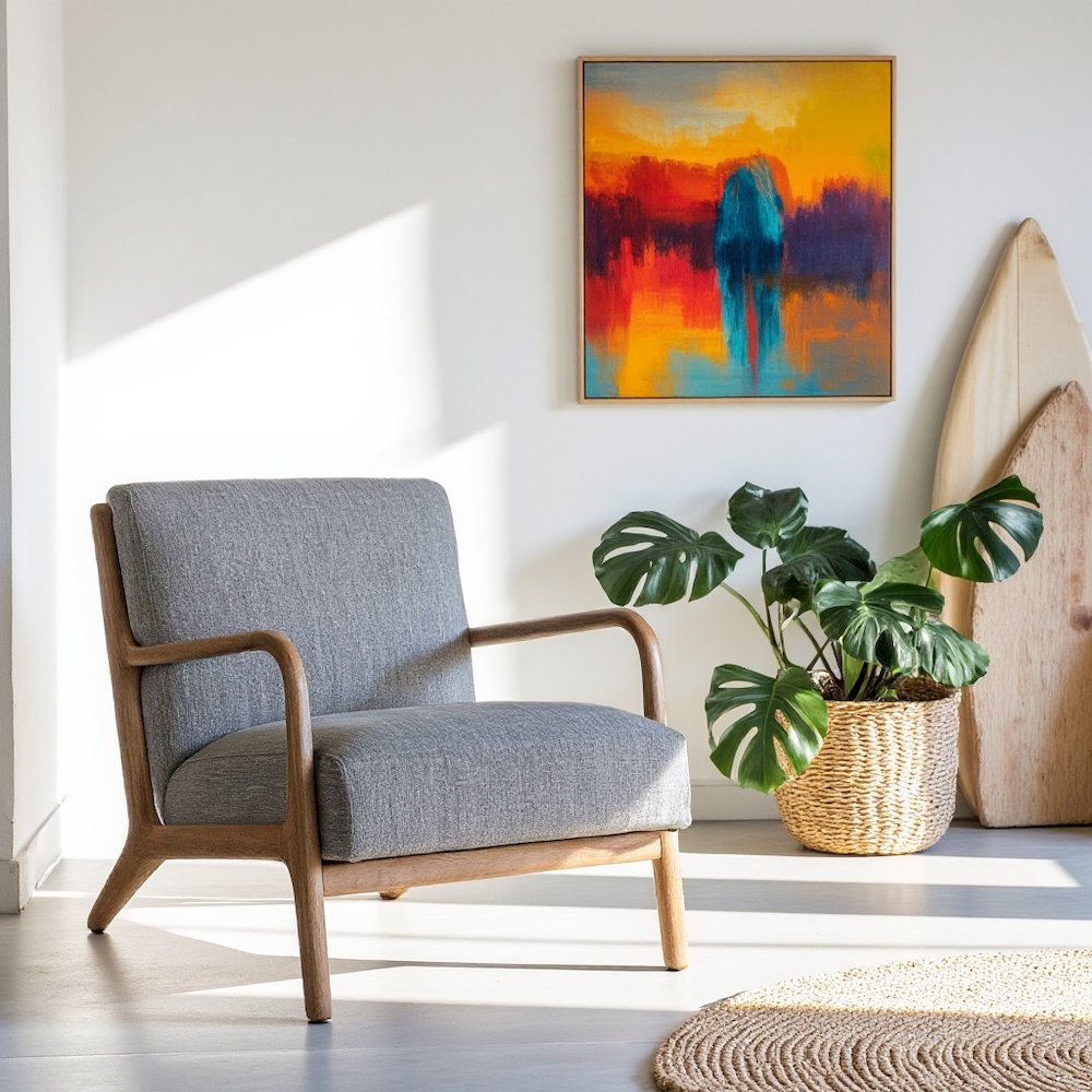 Blue Accent Chair with Rubber Solid Wood Frame for Living Room and Bedroom