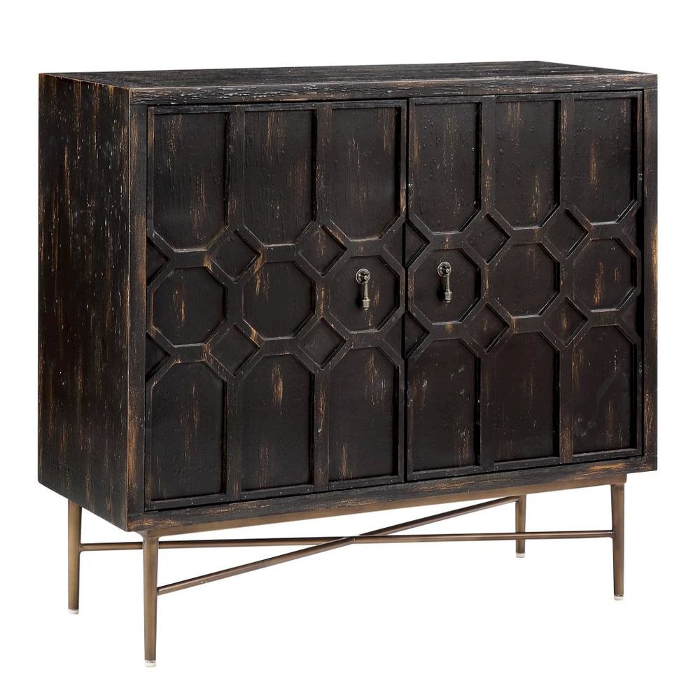 Black Accent Cabinet with 2 Doors, MDF and Metal Construction for Storage