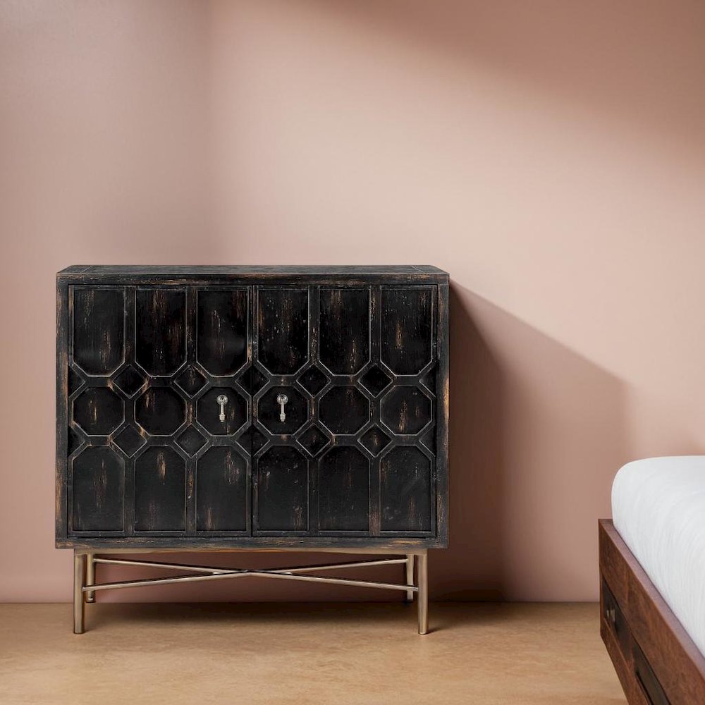 Black Accent Cabinet with 2 Doors, MDF and Metal Construction for Storage