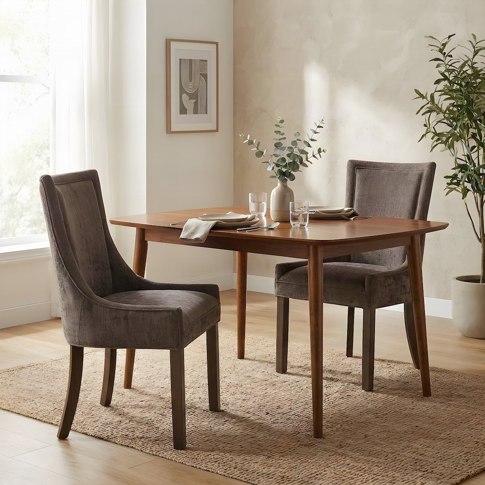 Fabric Upholstered Dining Side Chairs with Solid Wood Legs, Set of 2, Brown