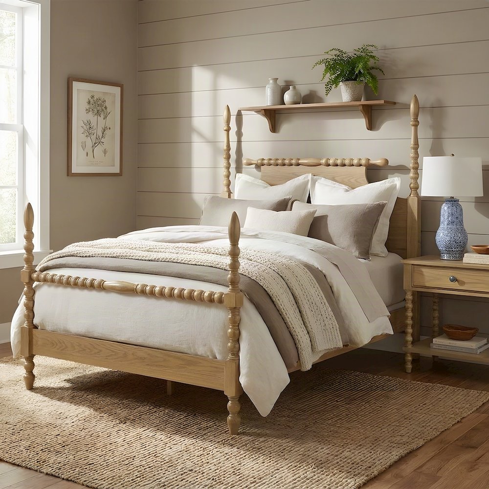 Beckett Solid Wood Queen Bed Frame with Turned Spindle Headboard, Natural