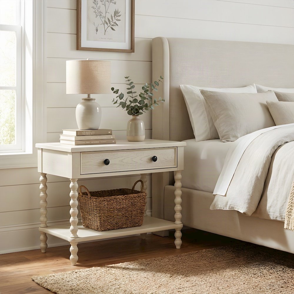 Beckett Wide Wood Veneer Nightstand with Metal Knob Drawer, Antique Cream