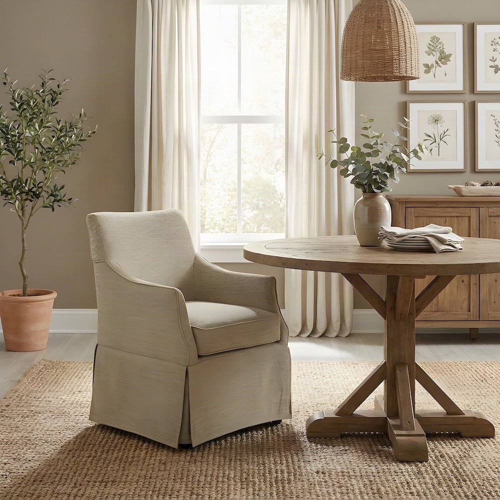 Skirted Fabric-Upholstered Dining Arm Chair with Hidden Casters, Beige