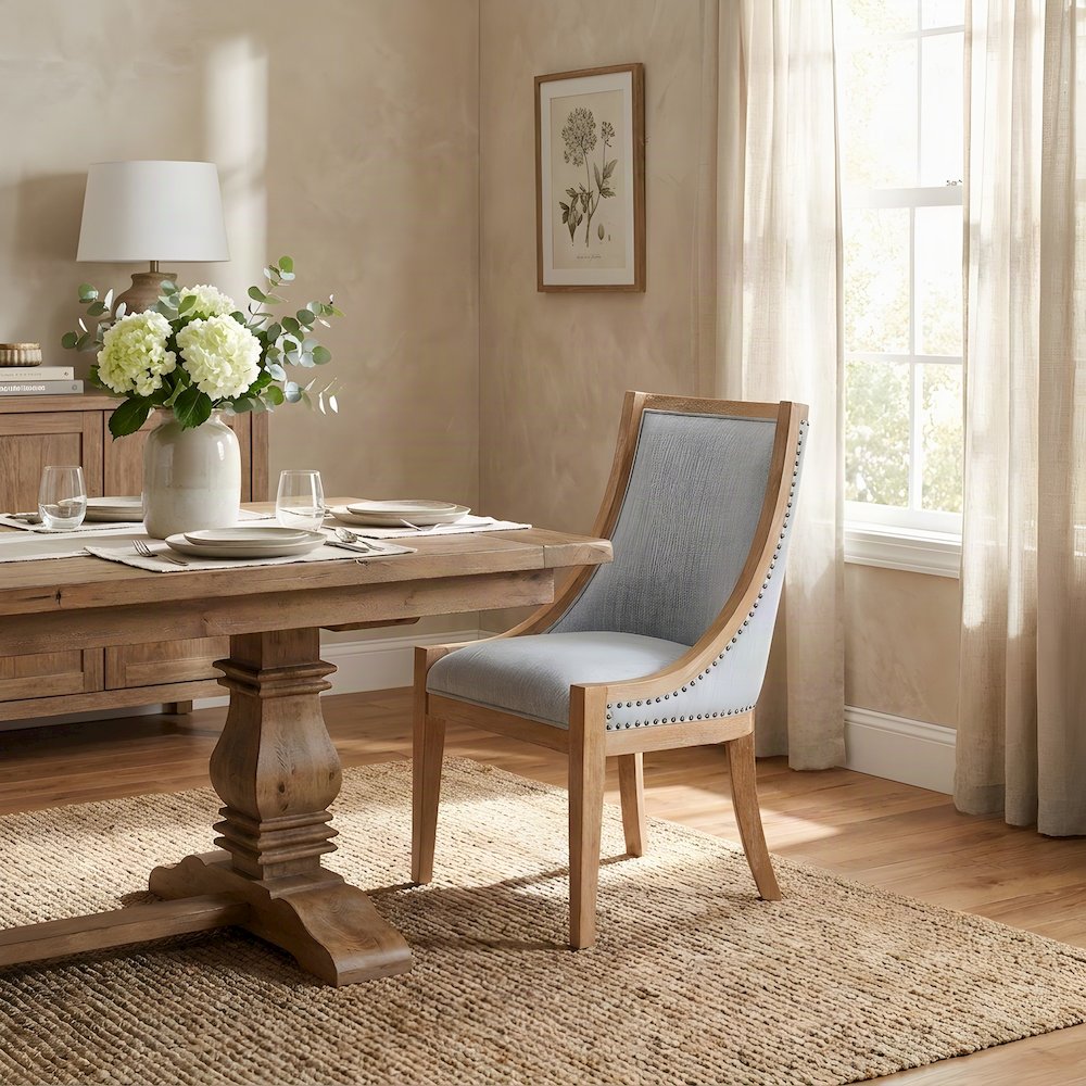 Polyester Upholstered Dining Chair with Nailhead Trim, Farmhouse, Light Blue