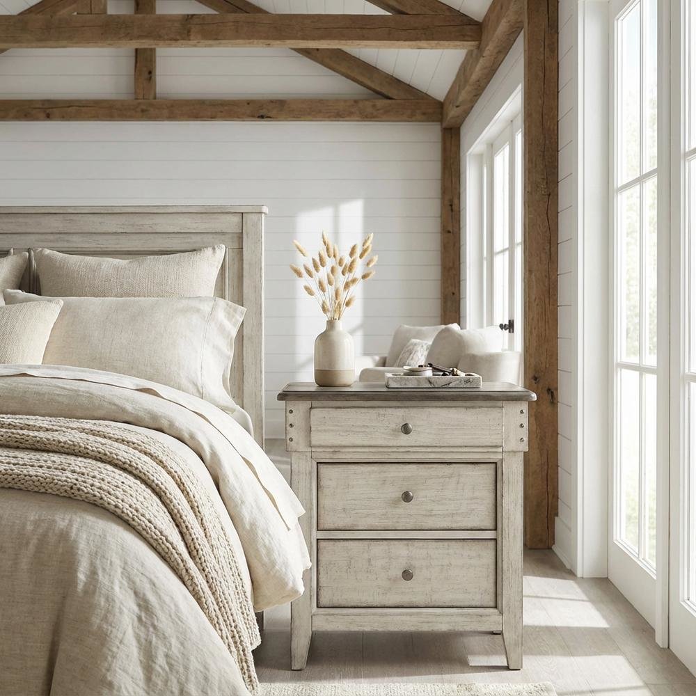 White Finish Nightstand with Charging Station and Weathered Linen Touch