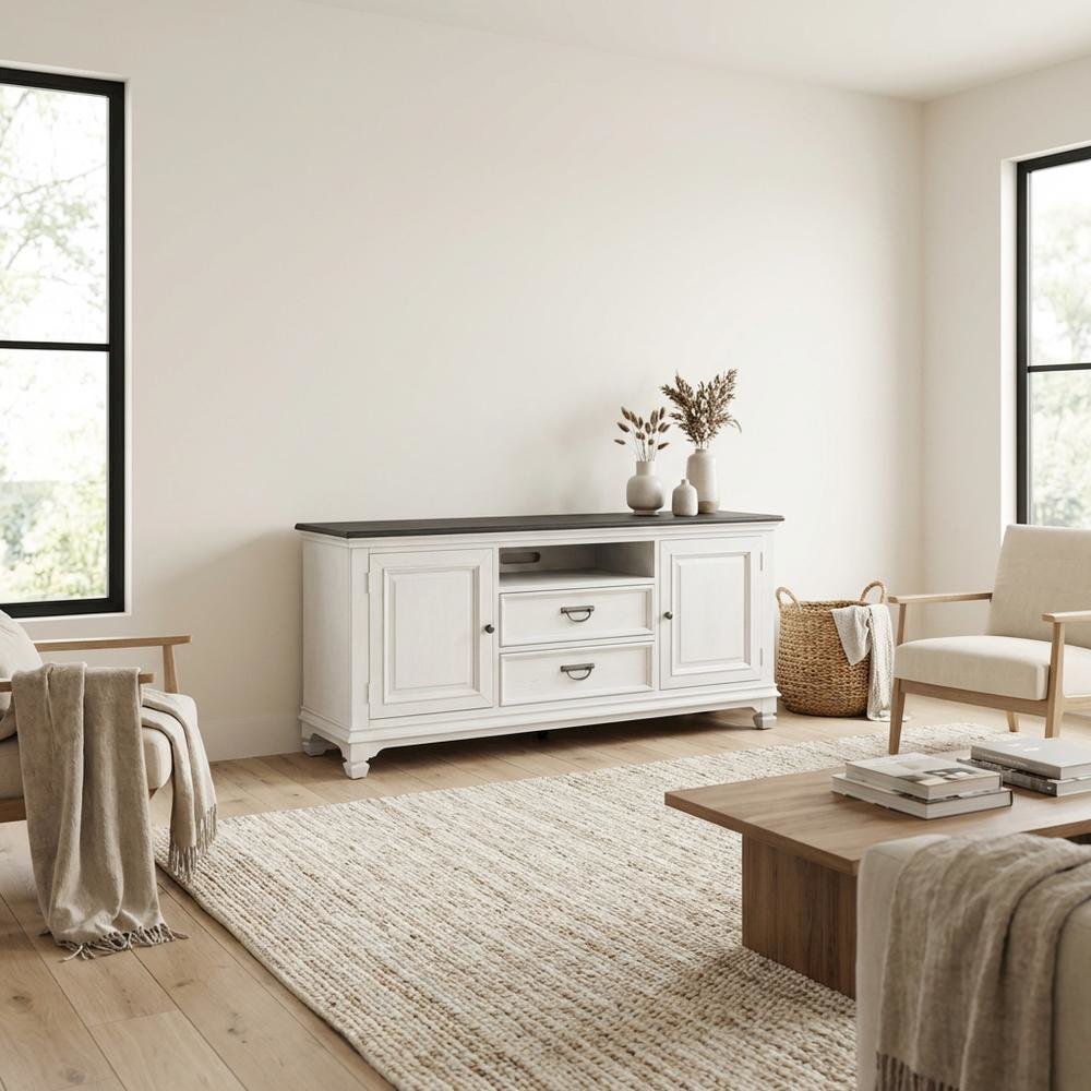 White TV console, wirebrushed finish, charcoal top, solid, 66-inch width