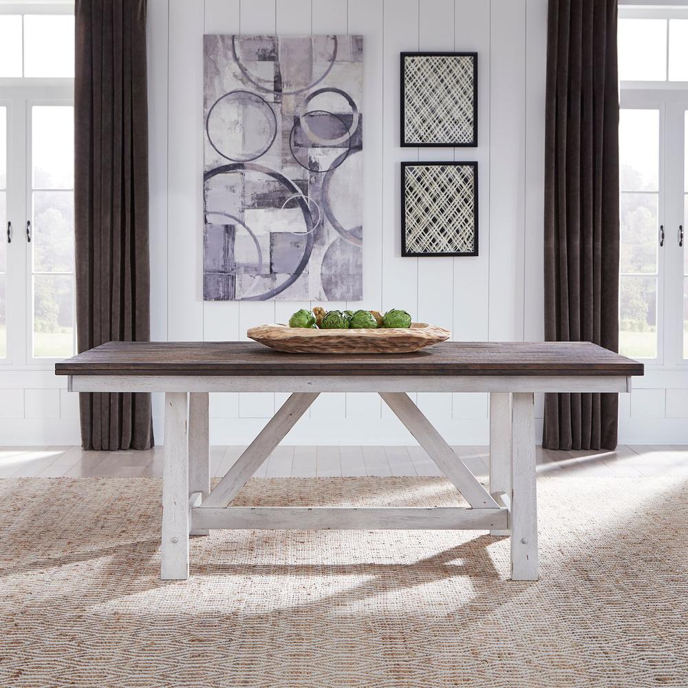 Farmhouse Fixed Top Trestle Table in Two Tone White w/ Wood Tone Top