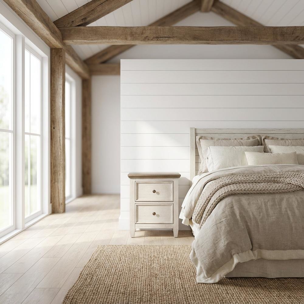 White Farmhouse Nightstand with Charging Station and Storage Space