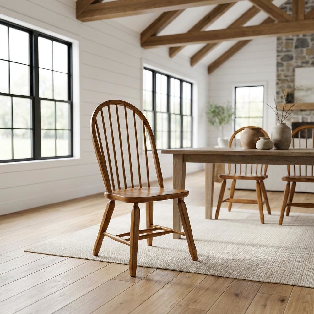 Rubberwood Solid Wood Bow-Back Traditional Dining Chair, 300 lb Capacity, Brown