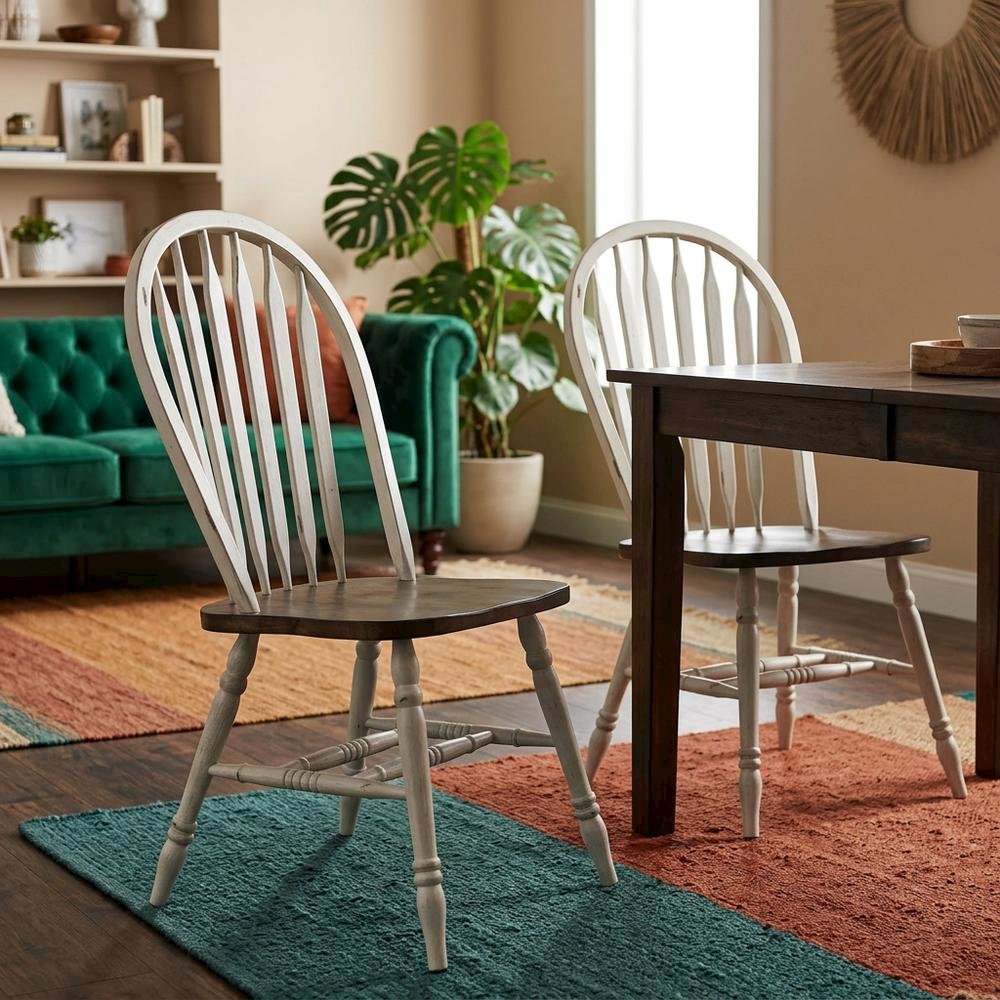 Rubberwood Solid Windsor Dining Chair, Kitchen Side Chair Set, Set of 2