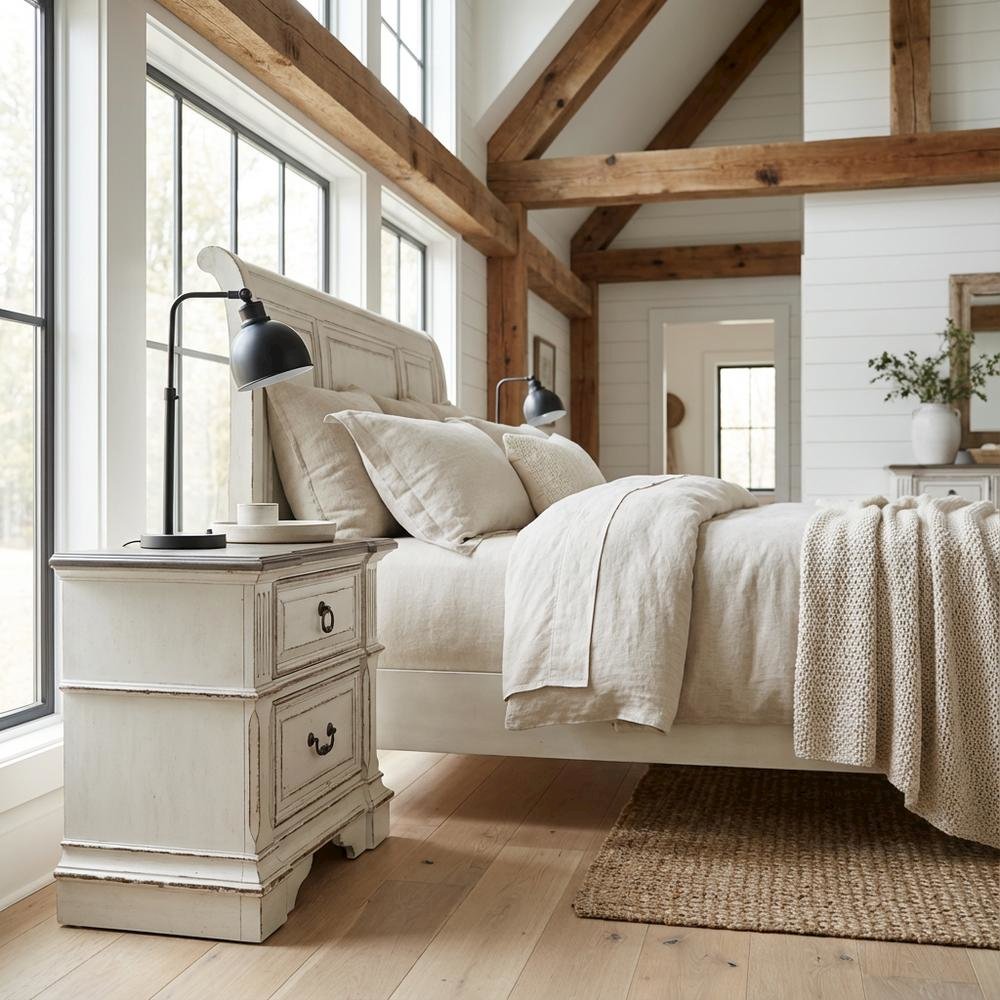 Antique White Nightstand with Charging Station and Storage